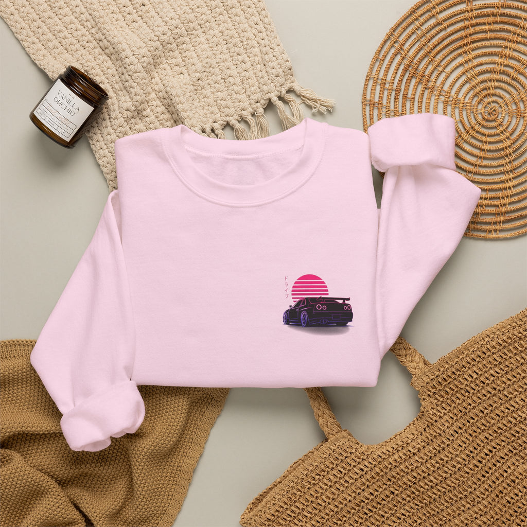 Crewneck Sweatshirt — Retro Vaporwave Car Sunset Graphic