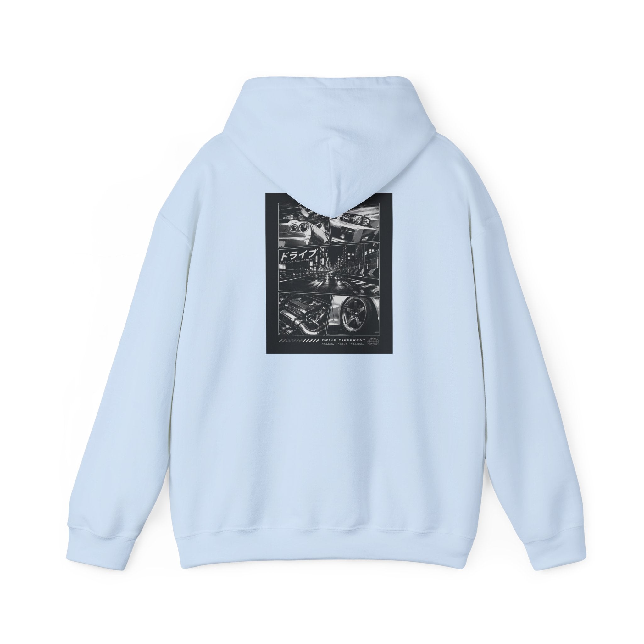 Drive Different Hoodie — Black & White Retro Car Collage Pullover