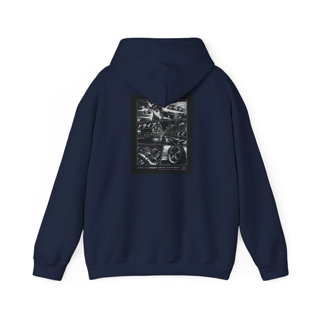 Drive Different Hoodie — Black & White Retro Car Collage Pullover