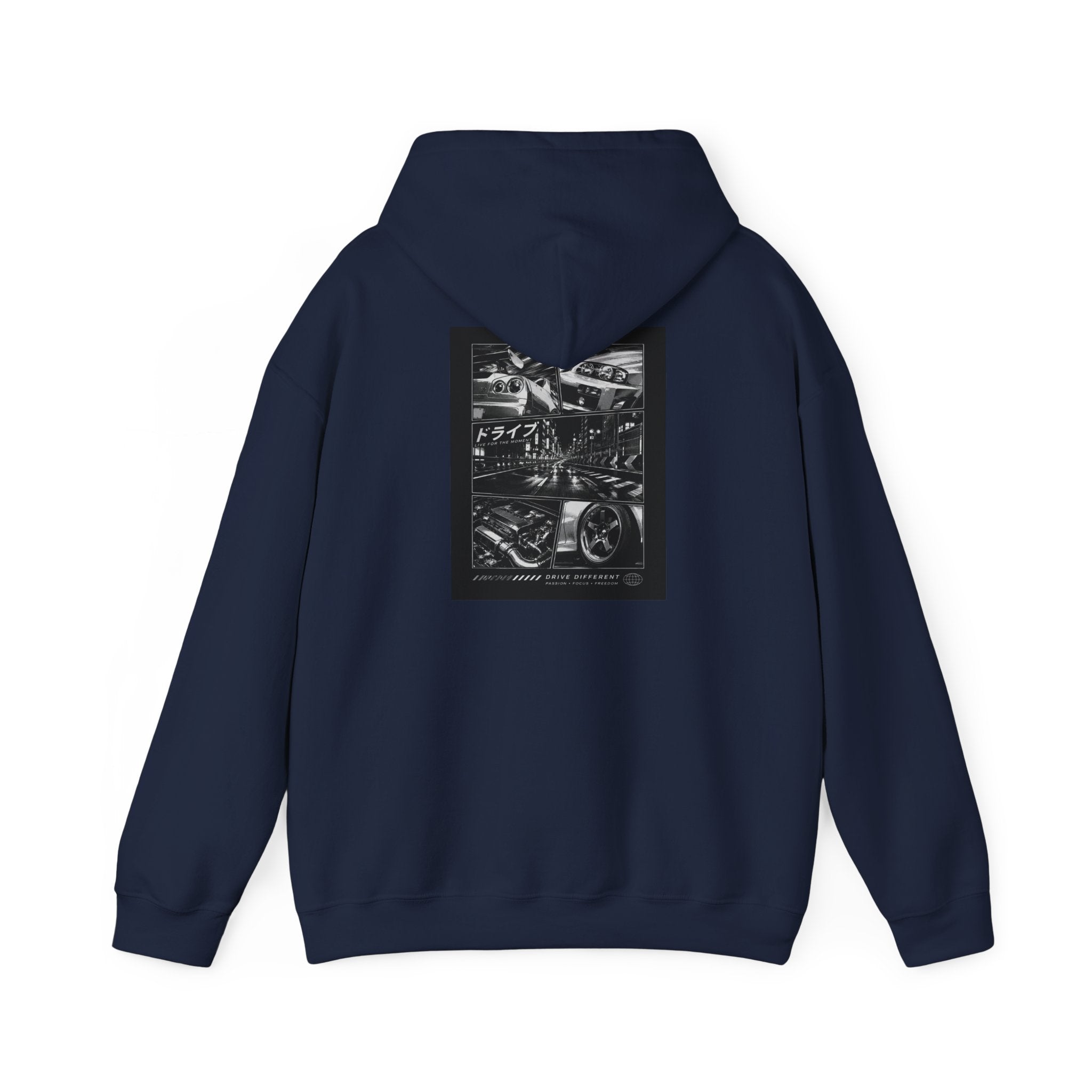 Drive Different Hoodie — Black & White Retro Car Collage Pullover