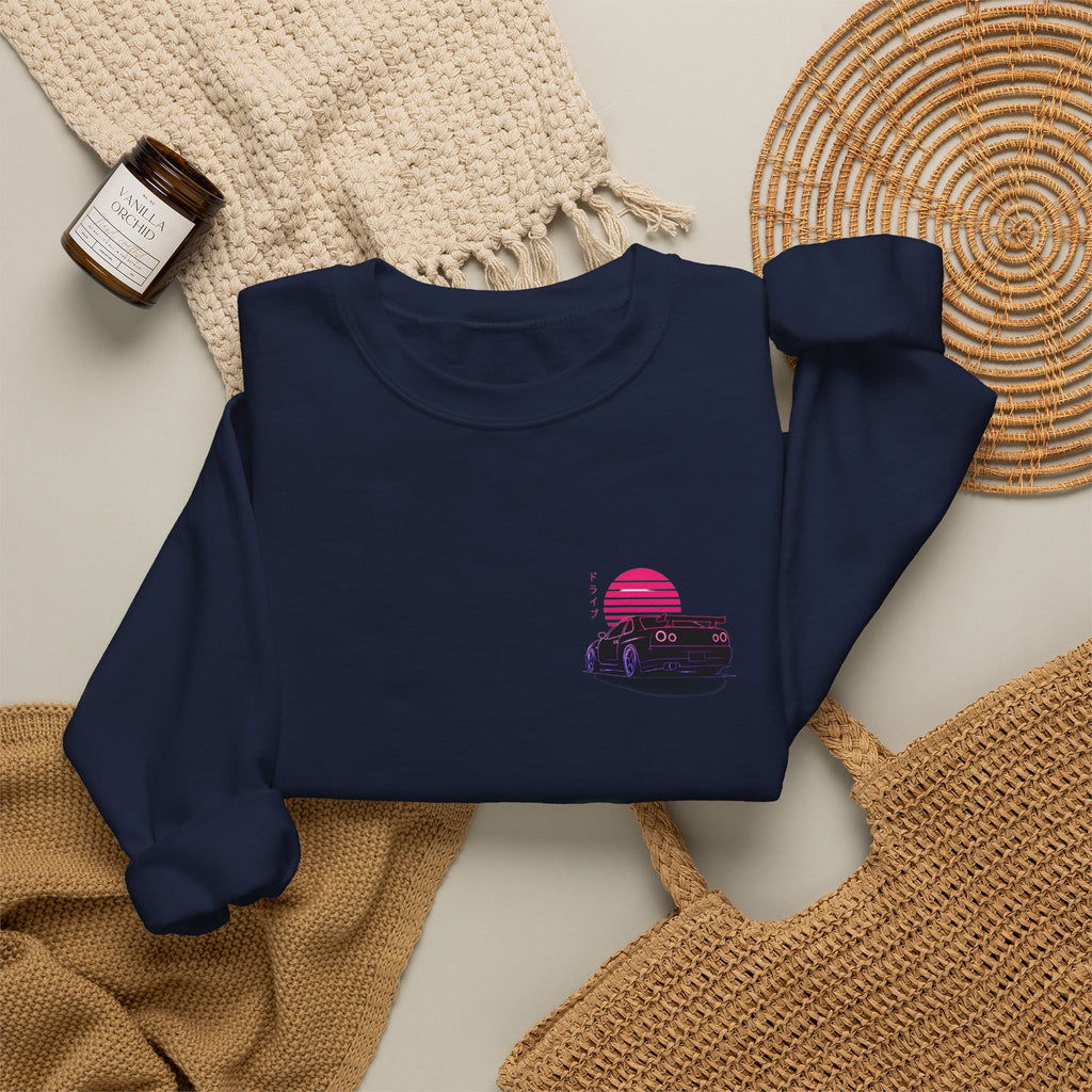 Crewneck Sweatshirt — Retro Vaporwave Car Sunset Graphic