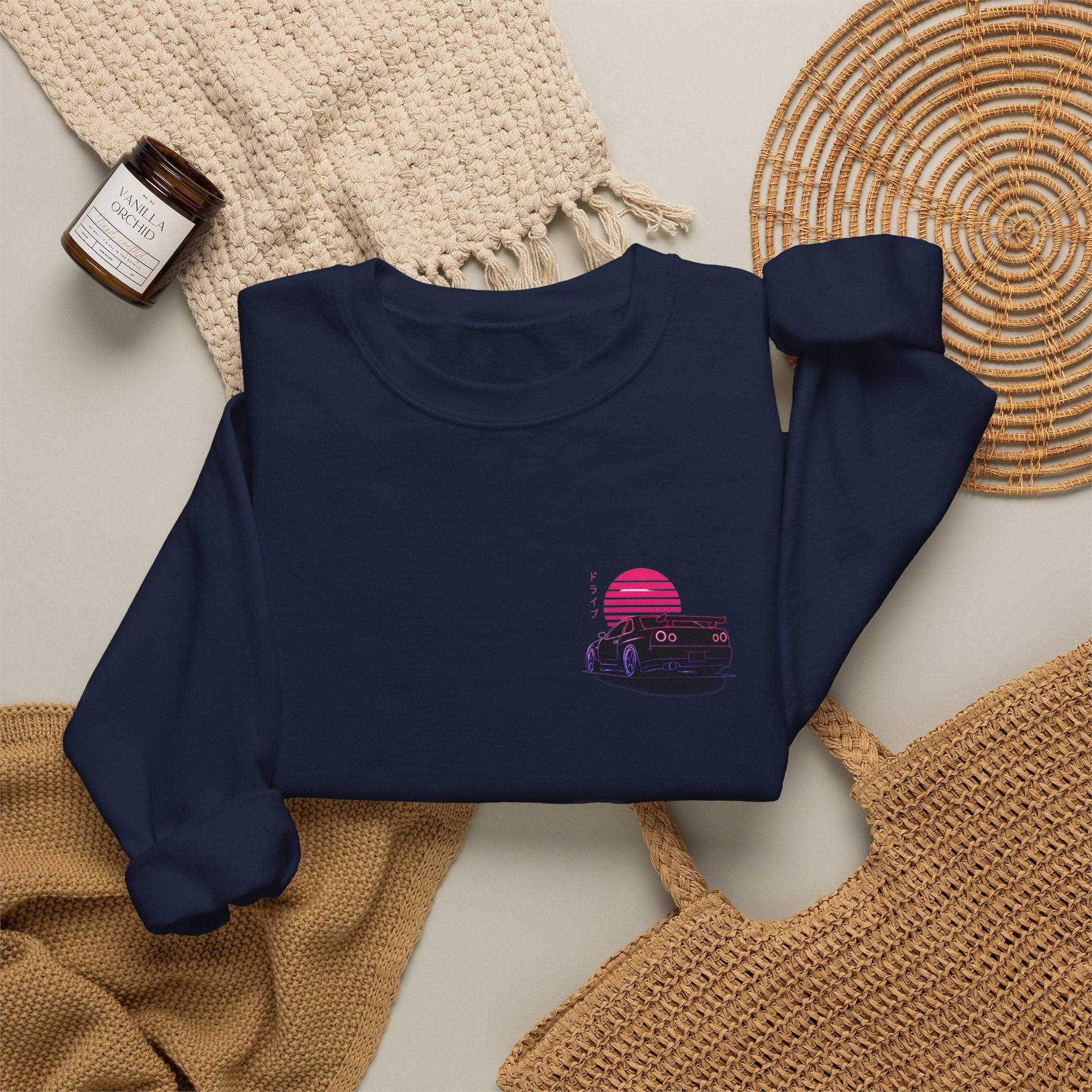 Crewneck Sweatshirt — Retro Vaporwave Car Sunset Graphic