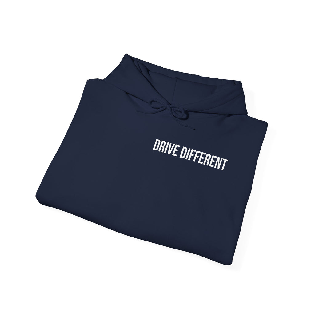 Drive Different Hoodie — Black & White Retro Car Collage Pullover