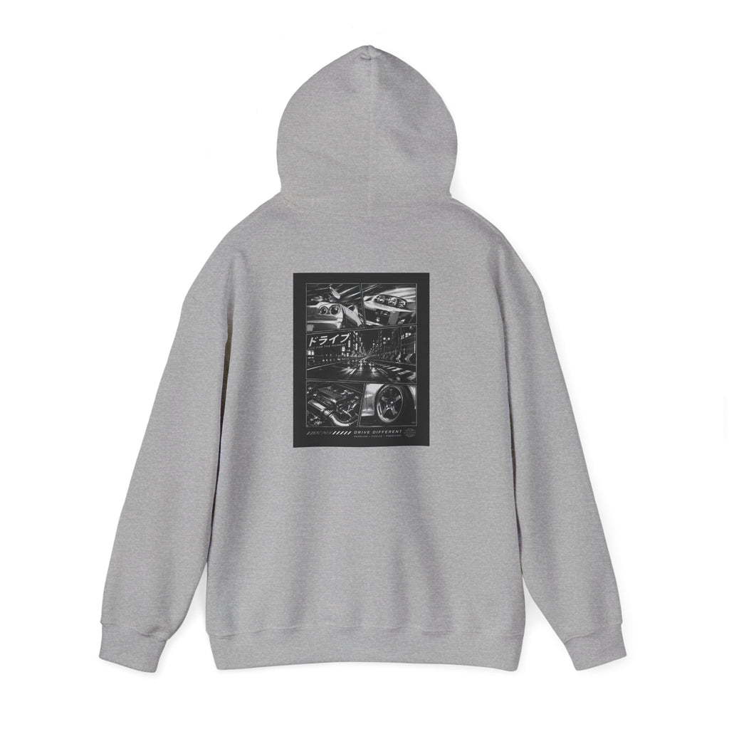 Drive Different Hoodie — Black & White Retro Car Collage Pullover