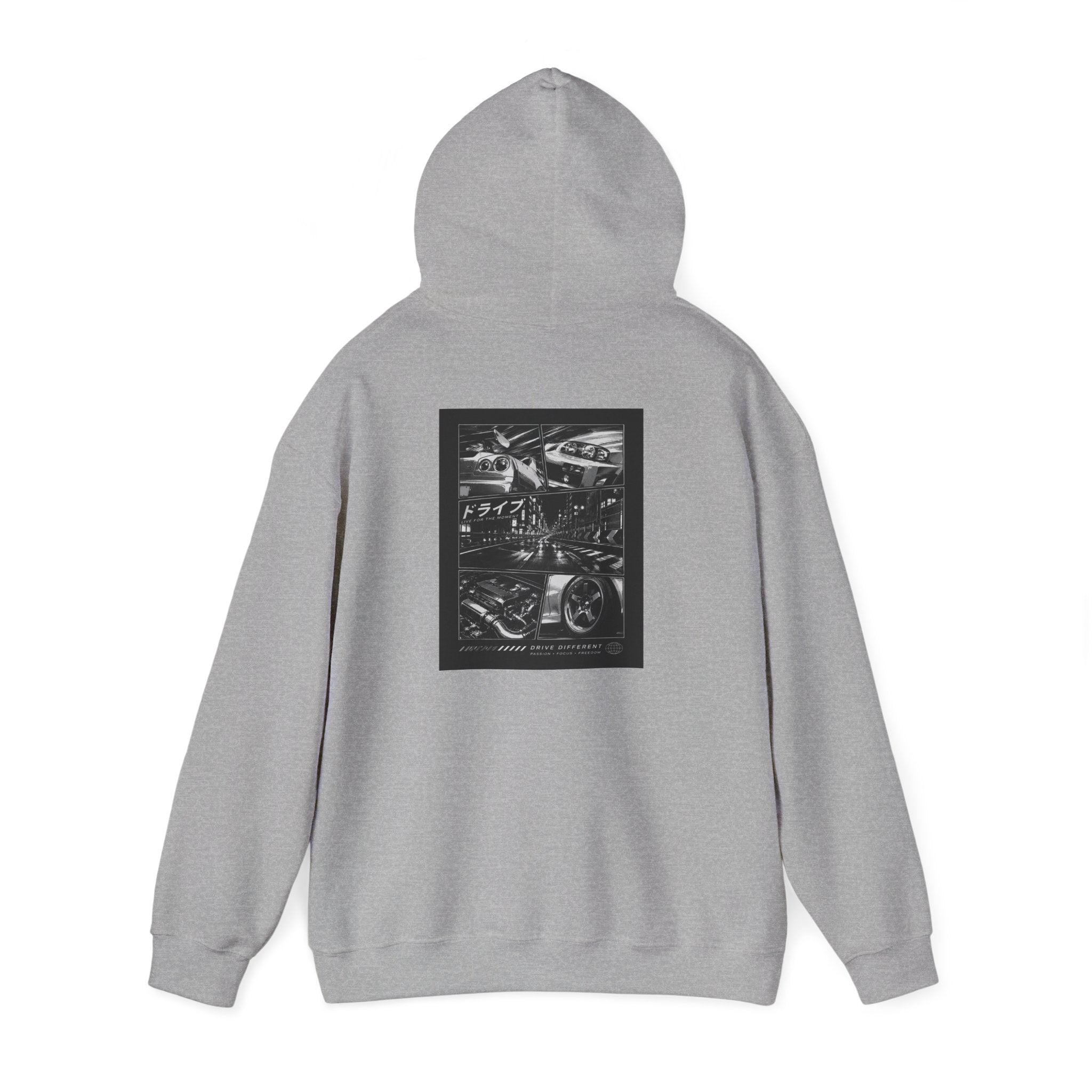 Drive Different Hoodie — Black & White Retro Car Collage Pullover
