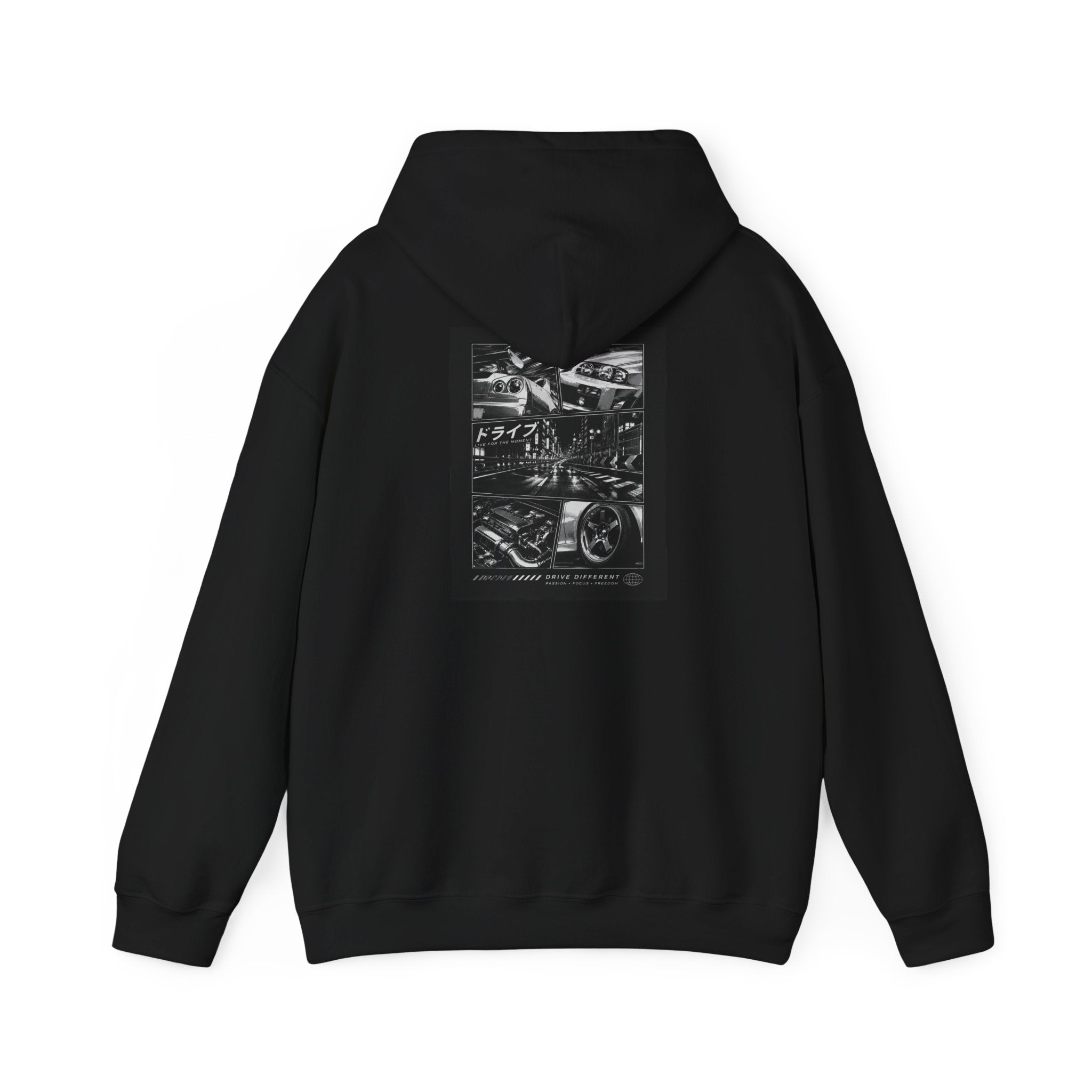 Drive Different Hoodie — Black & White Retro Car Collage Pullover
