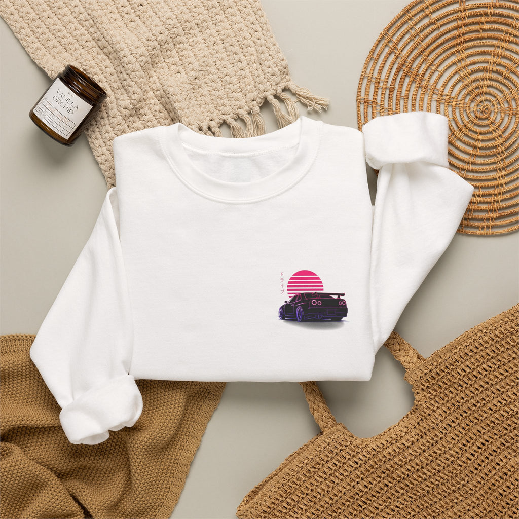 Crewneck Sweatshirt — Retro Vaporwave Car Sunset Graphic