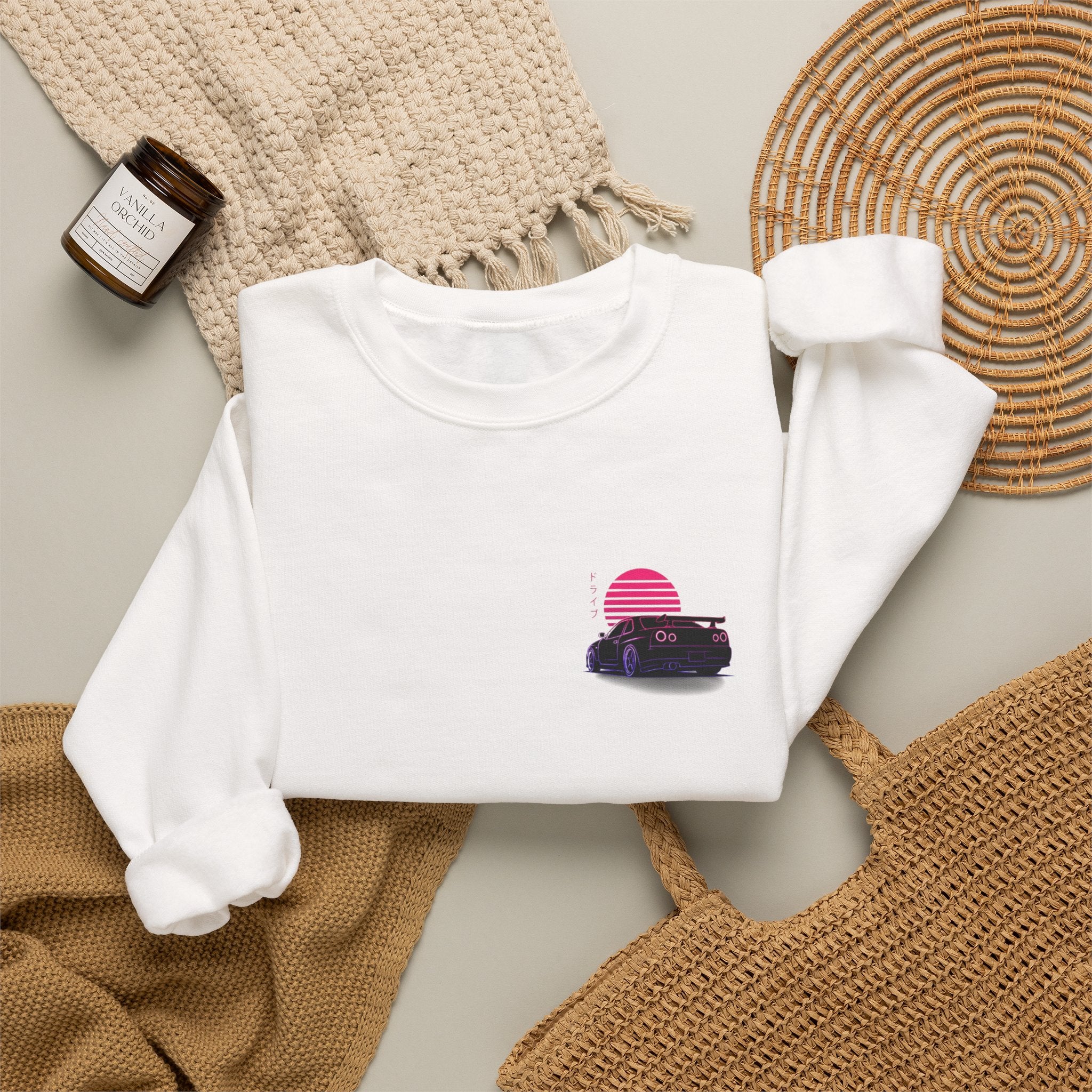 Crewneck Sweatshirt — Retro Vaporwave Car Sunset Graphic