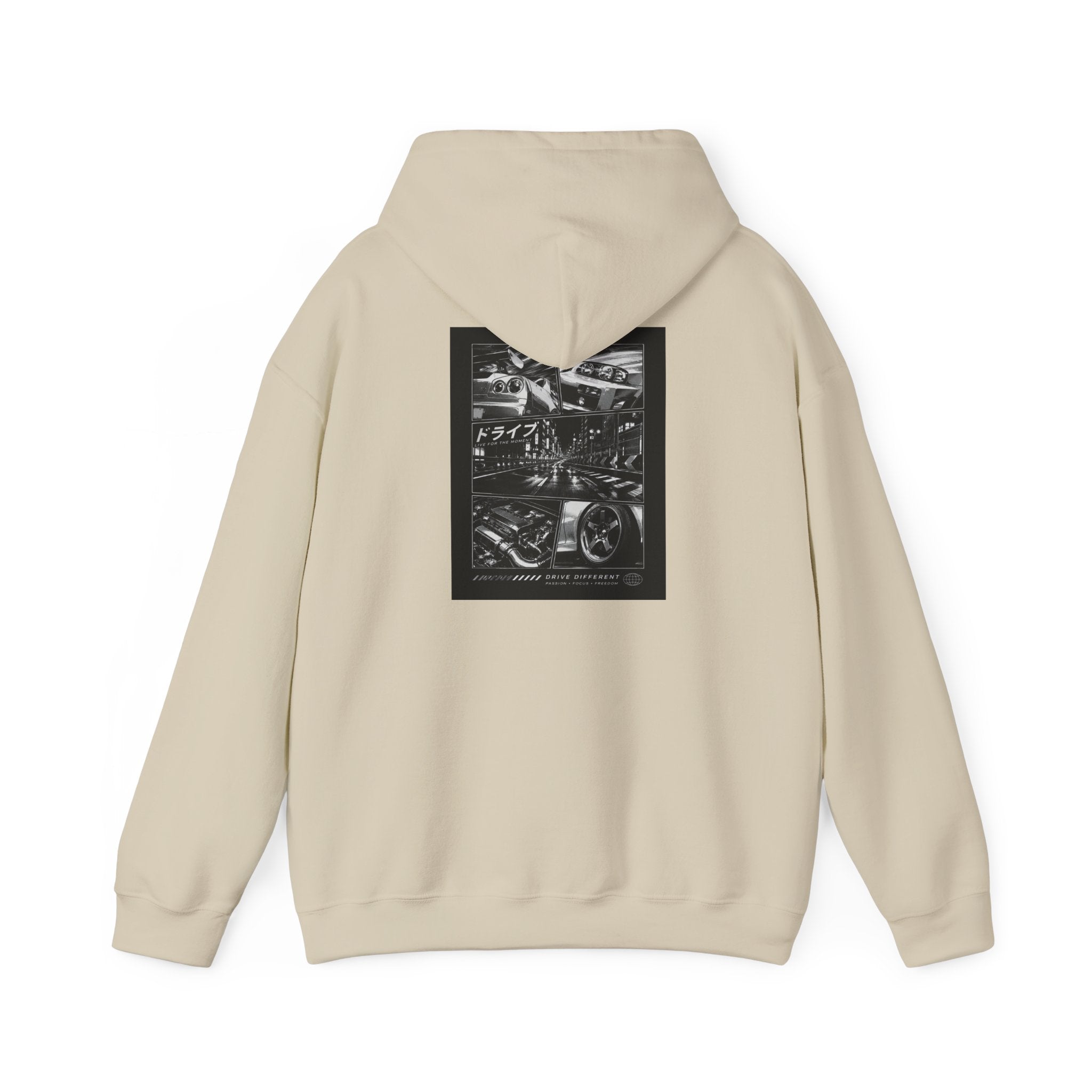 Drive Different Hoodie — Black & White Retro Car Collage Pullover