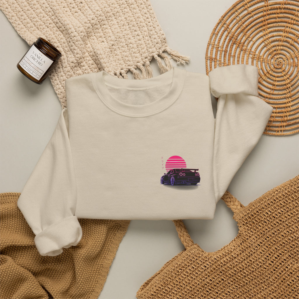 Crewneck Sweatshirt — Retro Vaporwave Car Sunset Graphic