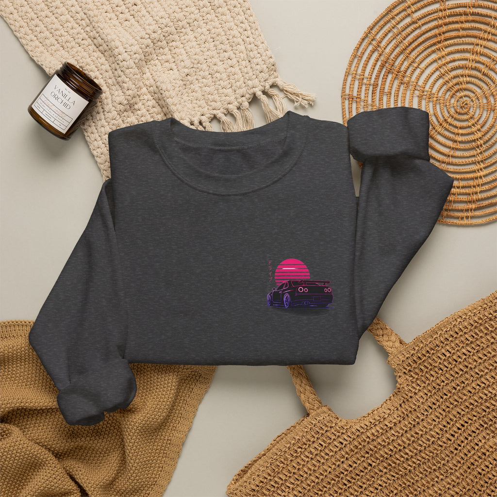 Crewneck Sweatshirt — Retro Vaporwave Car Sunset Graphic