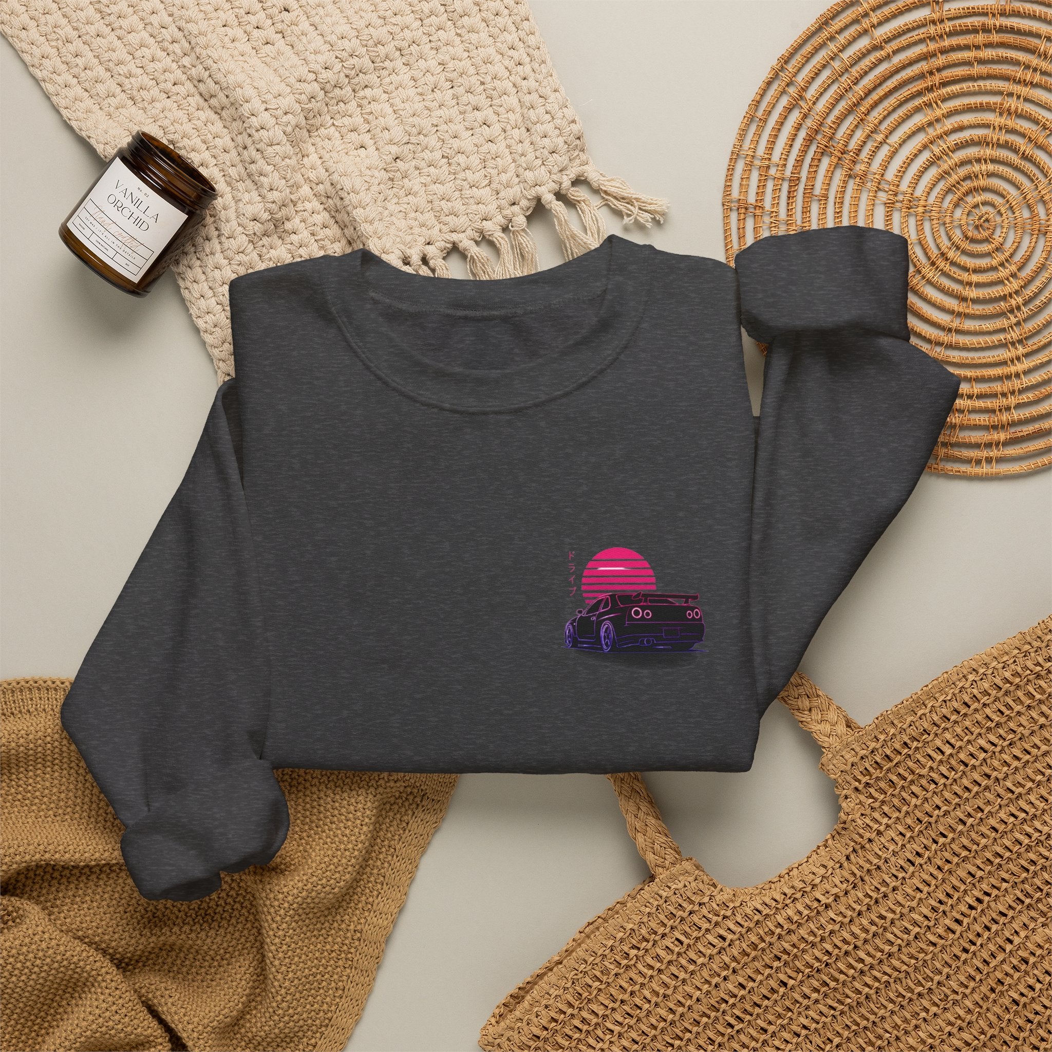Crewneck Sweatshirt — Retro Vaporwave Car Sunset Graphic