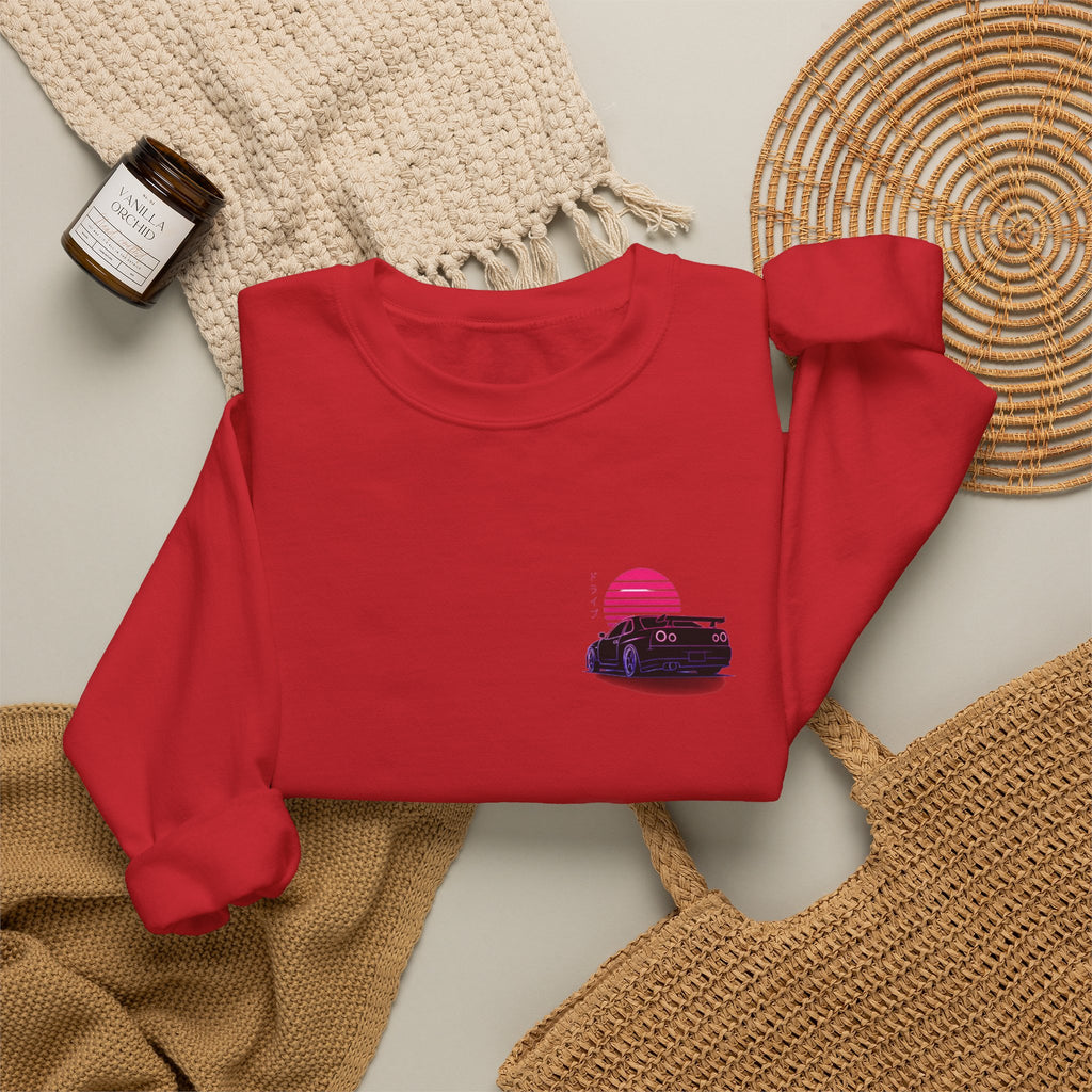 Crewneck Sweatshirt — Retro Vaporwave Car Sunset Graphic