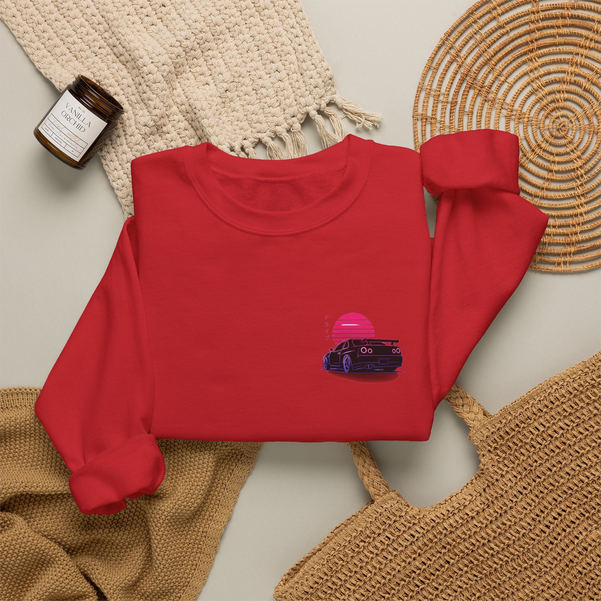 Crewneck Sweatshirt — Retro Vaporwave Car Sunset Graphic