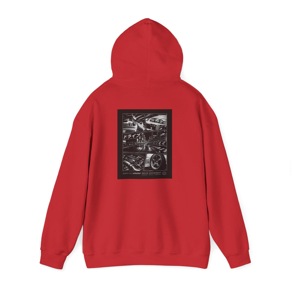 Drive Different Hoodie — Black & White Retro Car Collage Pullover