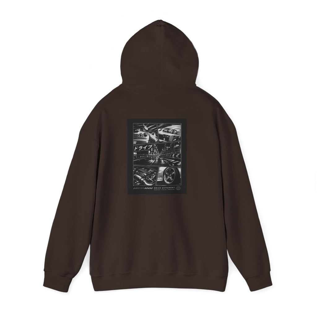 Drive Different Hoodie — Black & White Retro Car Collage Pullover