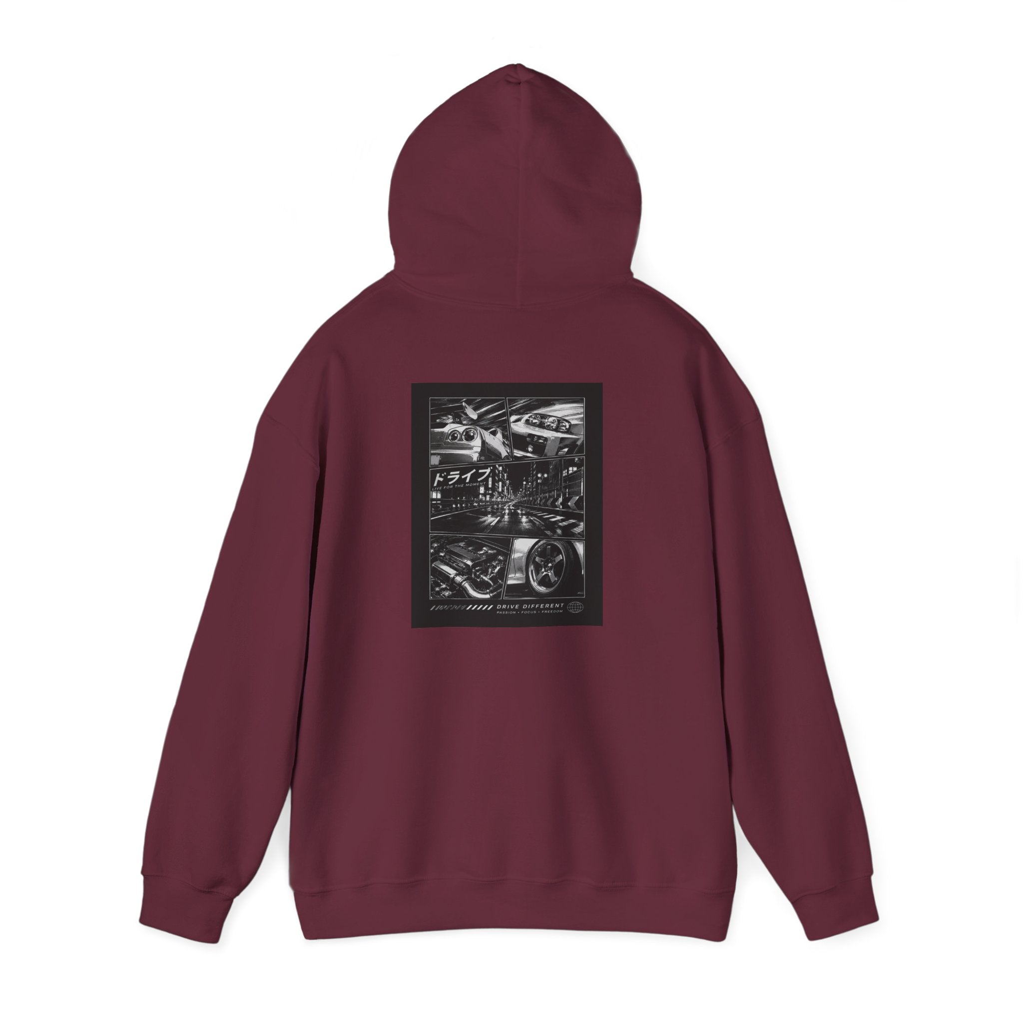Drive Different Hoodie — Black & White Retro Car Collage Pullover