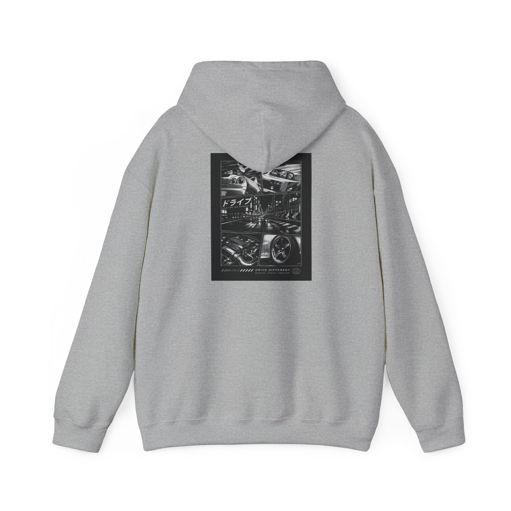 Drive Different Hoodie — Black & White Retro Car Collage Pullover