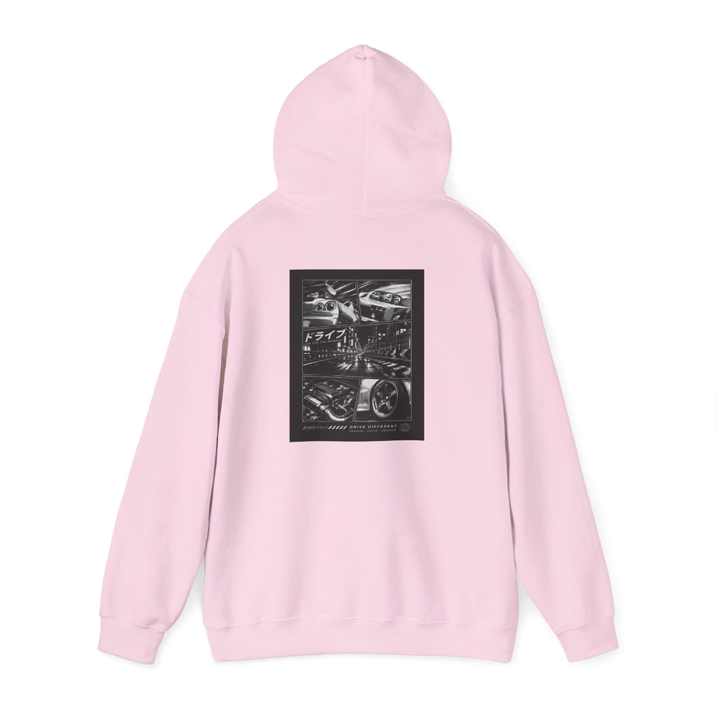 Drive Different Hoodie — Black & White Retro Car Collage Pullover