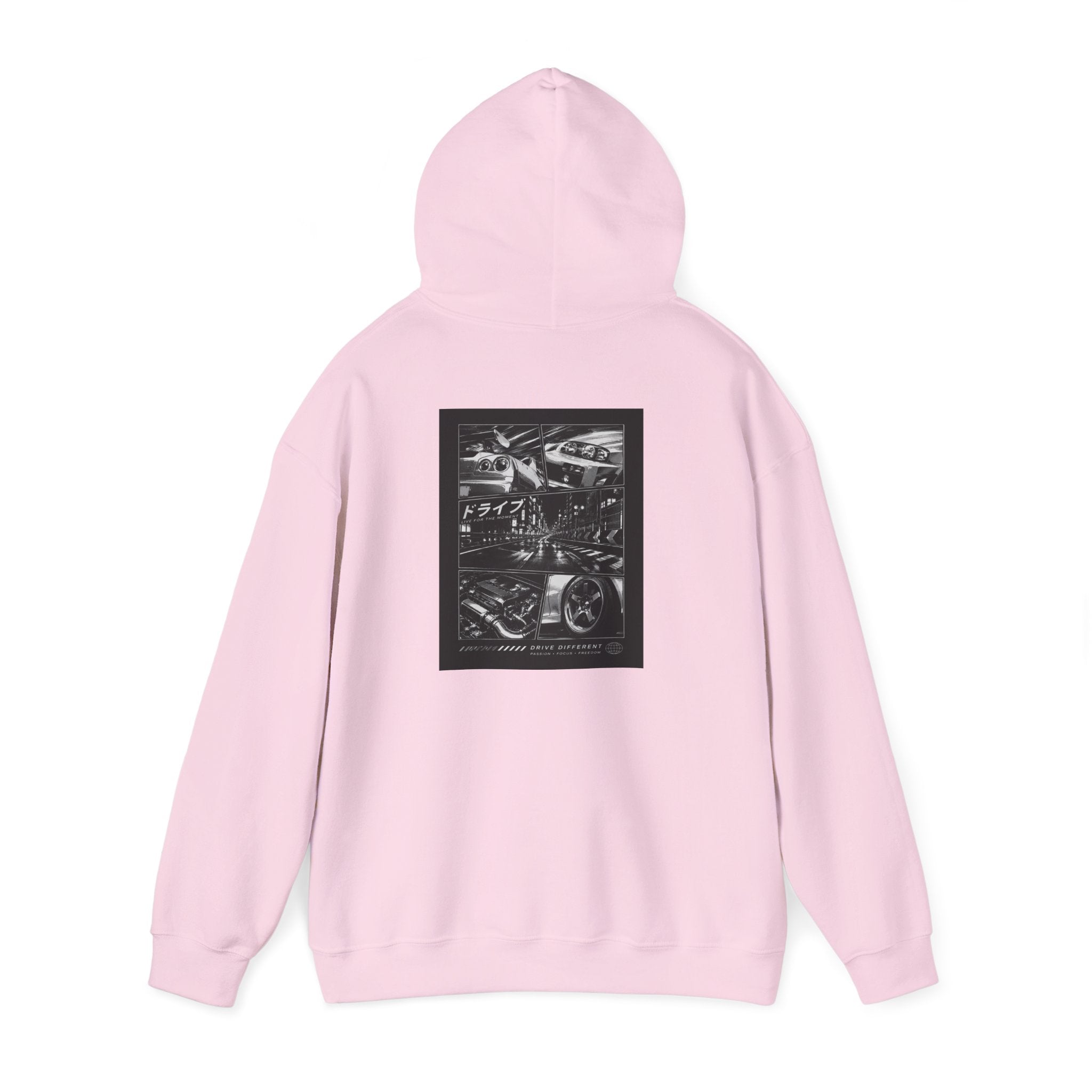 Drive Different Hoodie — Black & White Retro Car Collage Pullover
