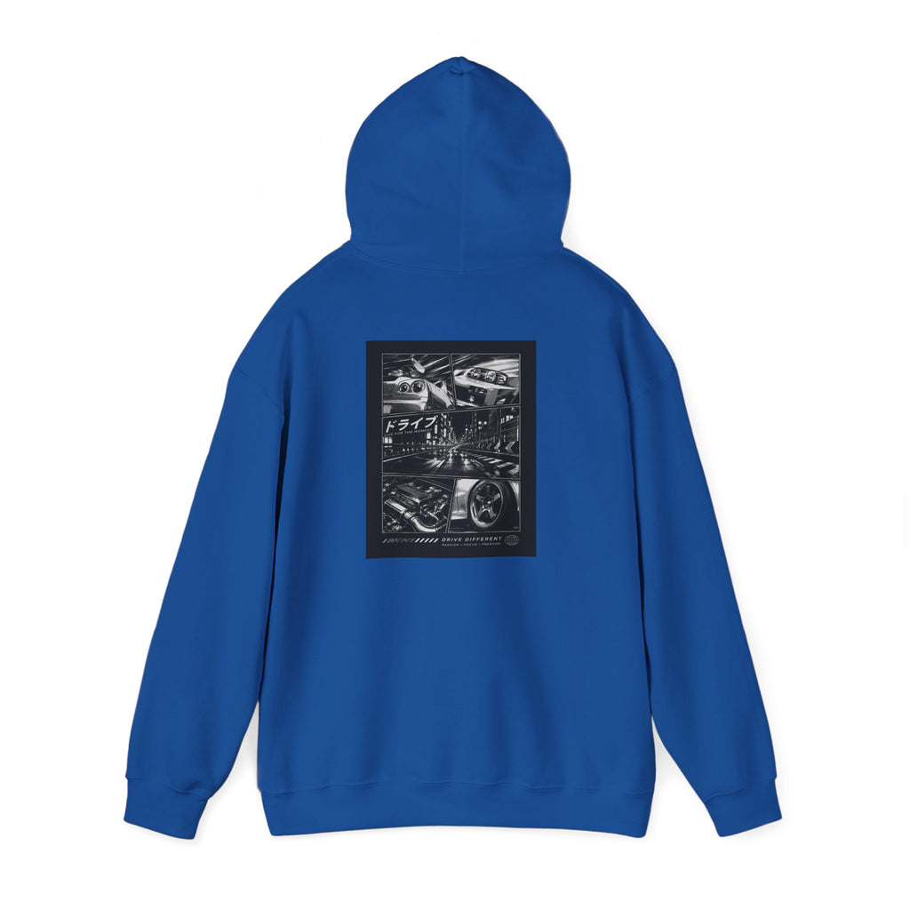 Drive Different Hoodie — Black & White Retro Car Collage Pullover