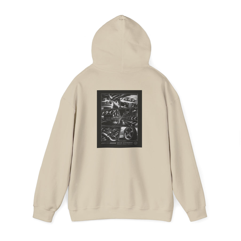 Drive Different Hoodie — Black & White Retro Car Collage Pullover