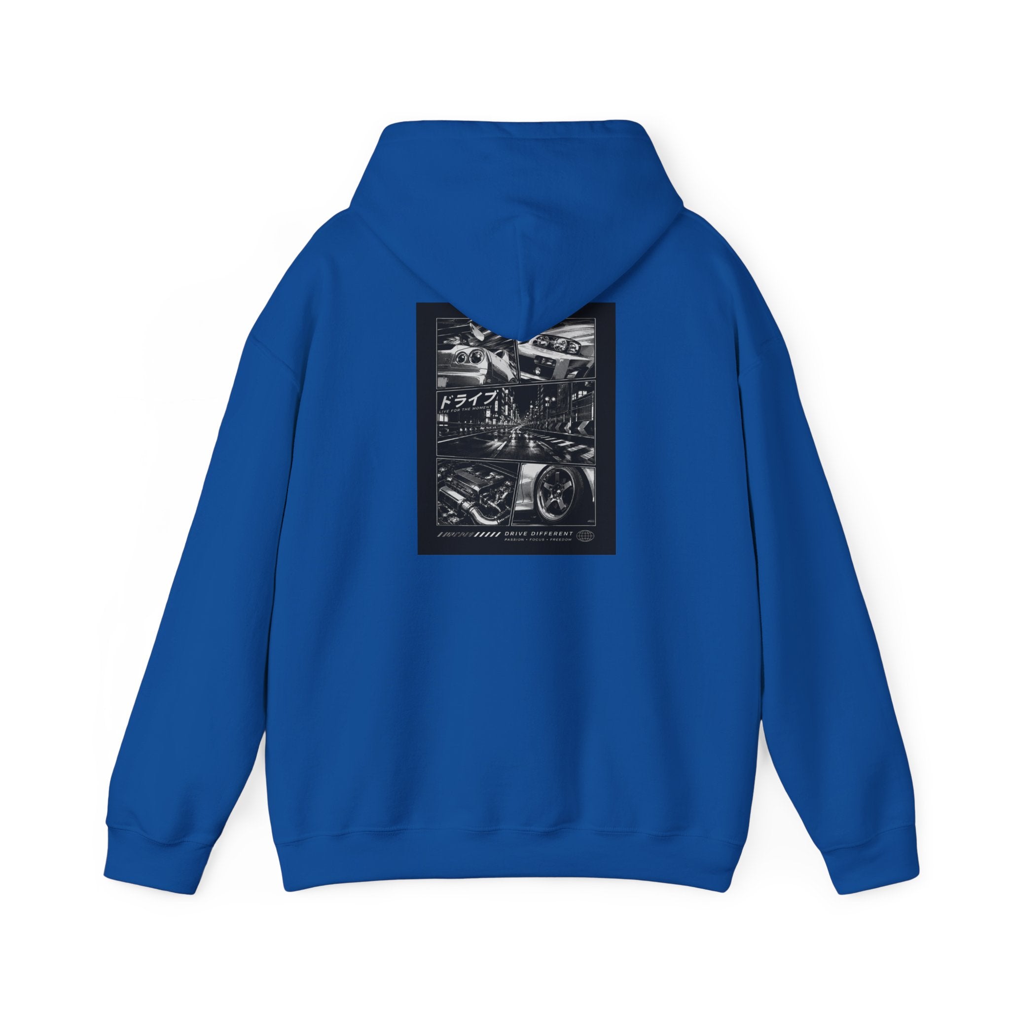 Drive Different Hoodie — Black & White Retro Car Collage Pullover