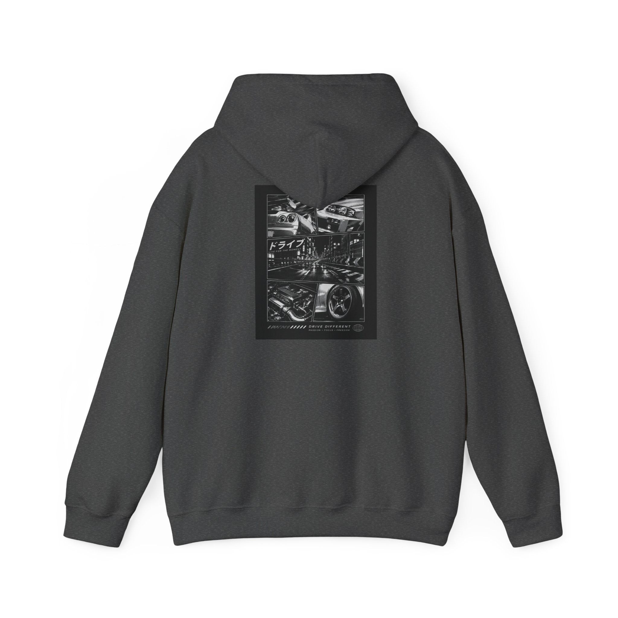 Drive Different Hoodie — Black & White Retro Car Collage Pullover
