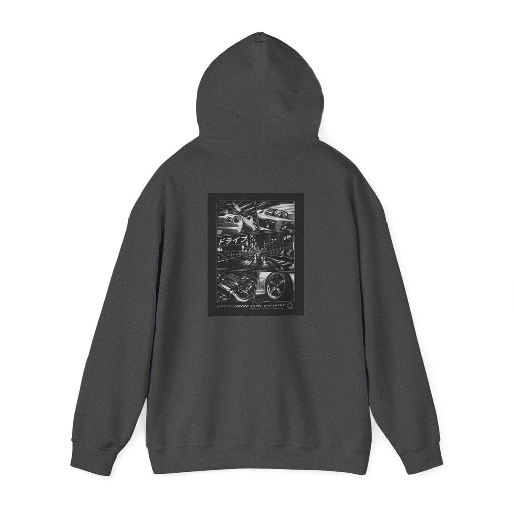 Drive Different Hoodie — Black & White Retro Car Collage Pullover