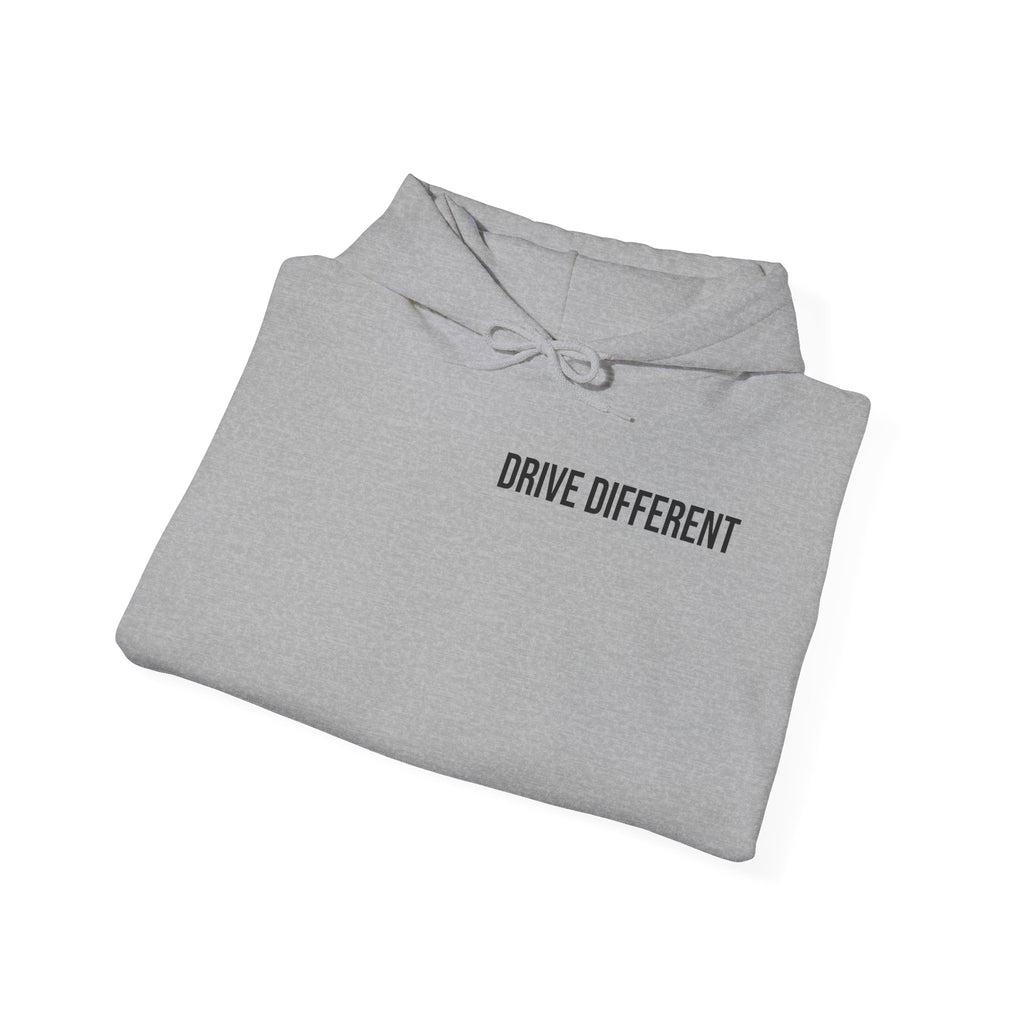 Drive Different Hoodie — Black & White Retro Car Collage Pullover