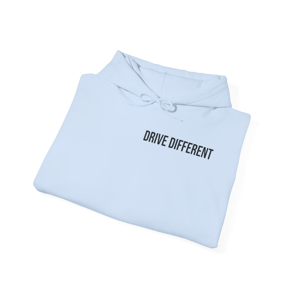 Drive Different Hoodie — Black & White Retro Car Collage Pullover