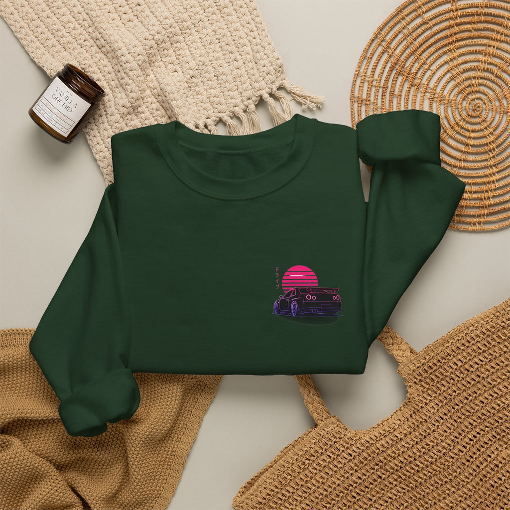 Crewneck Sweatshirt — Retro Vaporwave Car Sunset Graphic