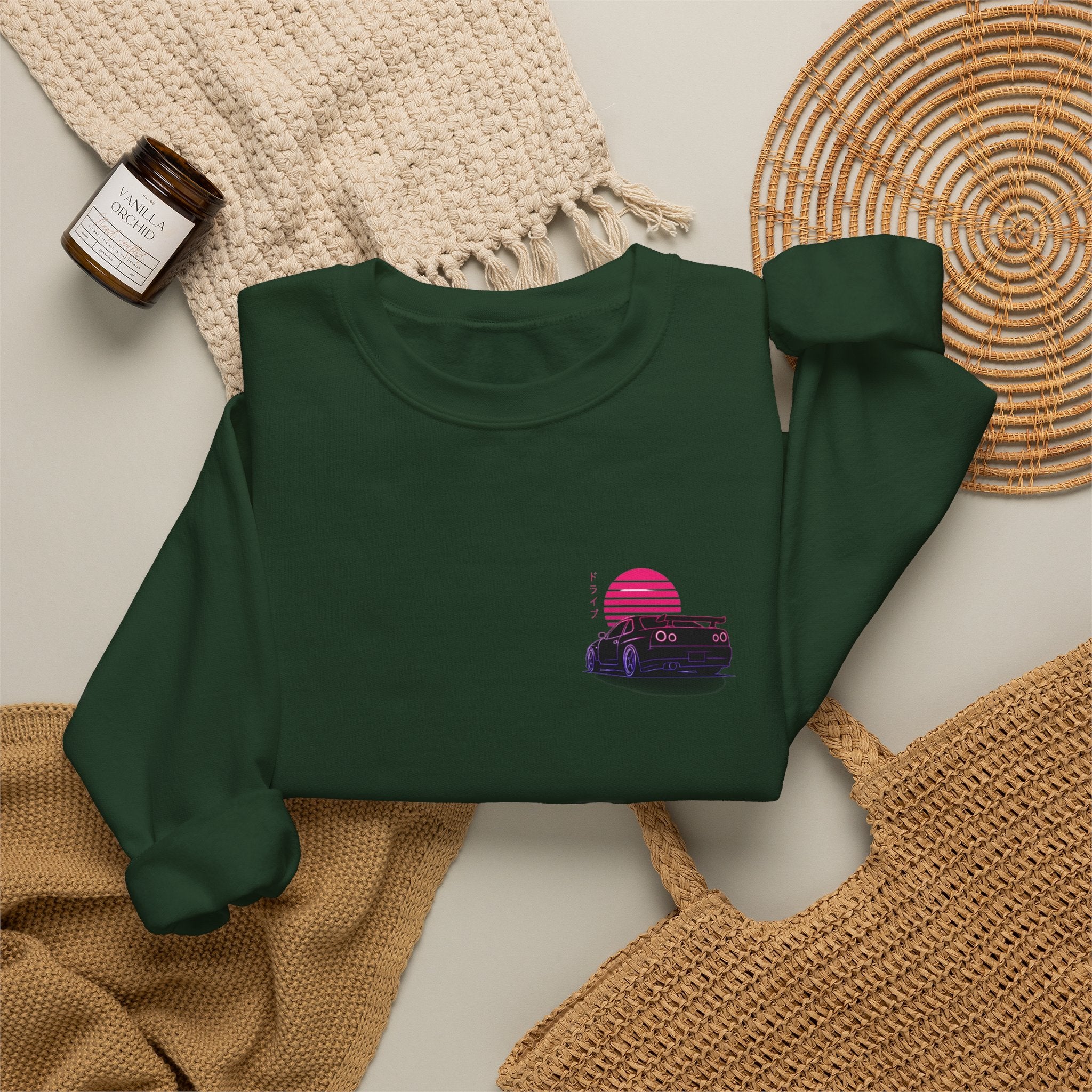 Crewneck Sweatshirt — Retro Vaporwave Car Sunset Graphic