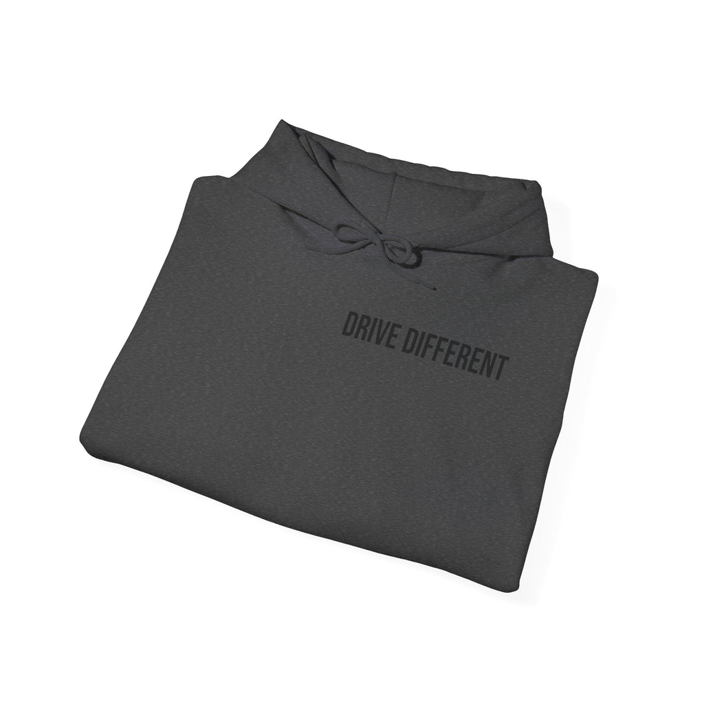 Drive Different Hoodie — Black & White Retro Car Collage Pullover