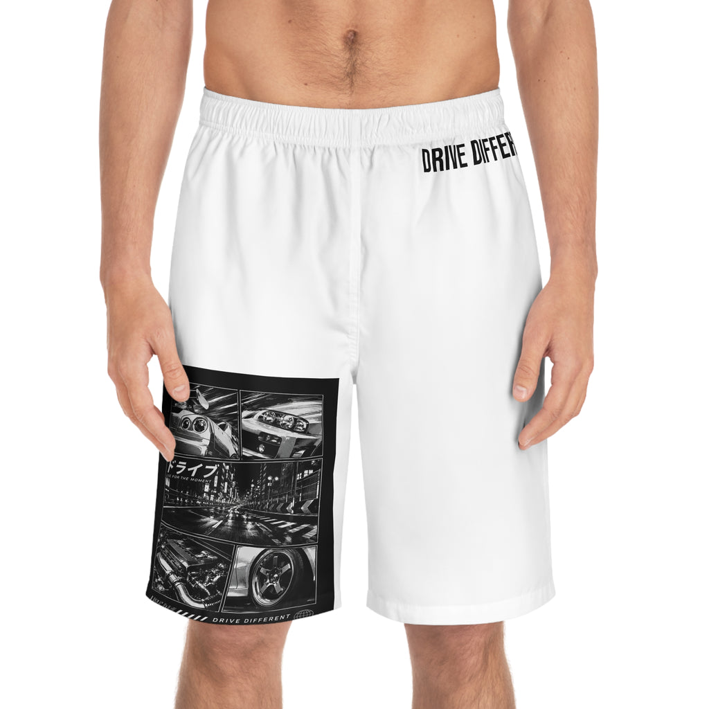 Drive Different Men’s Board Shorts — Japanese Car Collage Surf Trunks