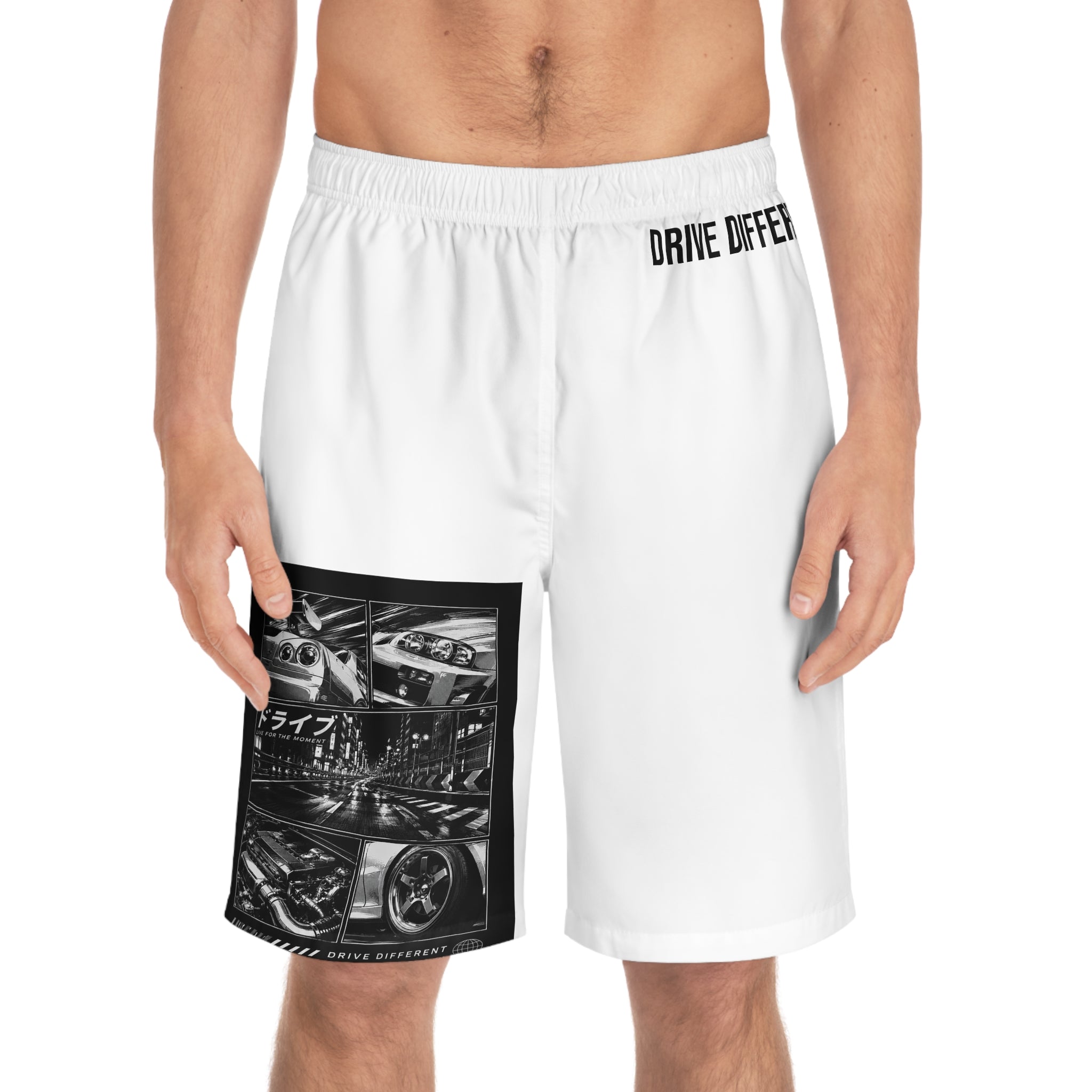 Drive Different Men’s Board Shorts — Japanese Car Collage Surf Trunks