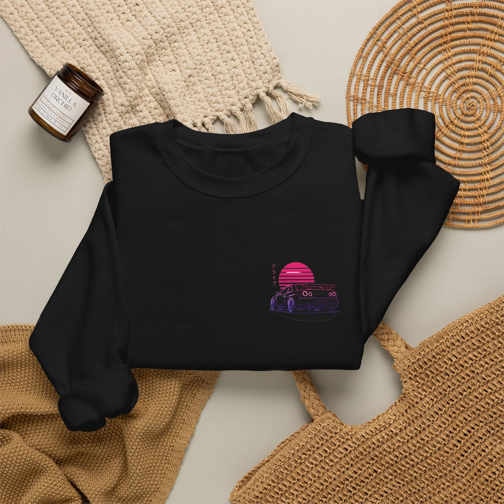 Crewneck Sweatshirt — Retro Vaporwave Car Sunset Graphic