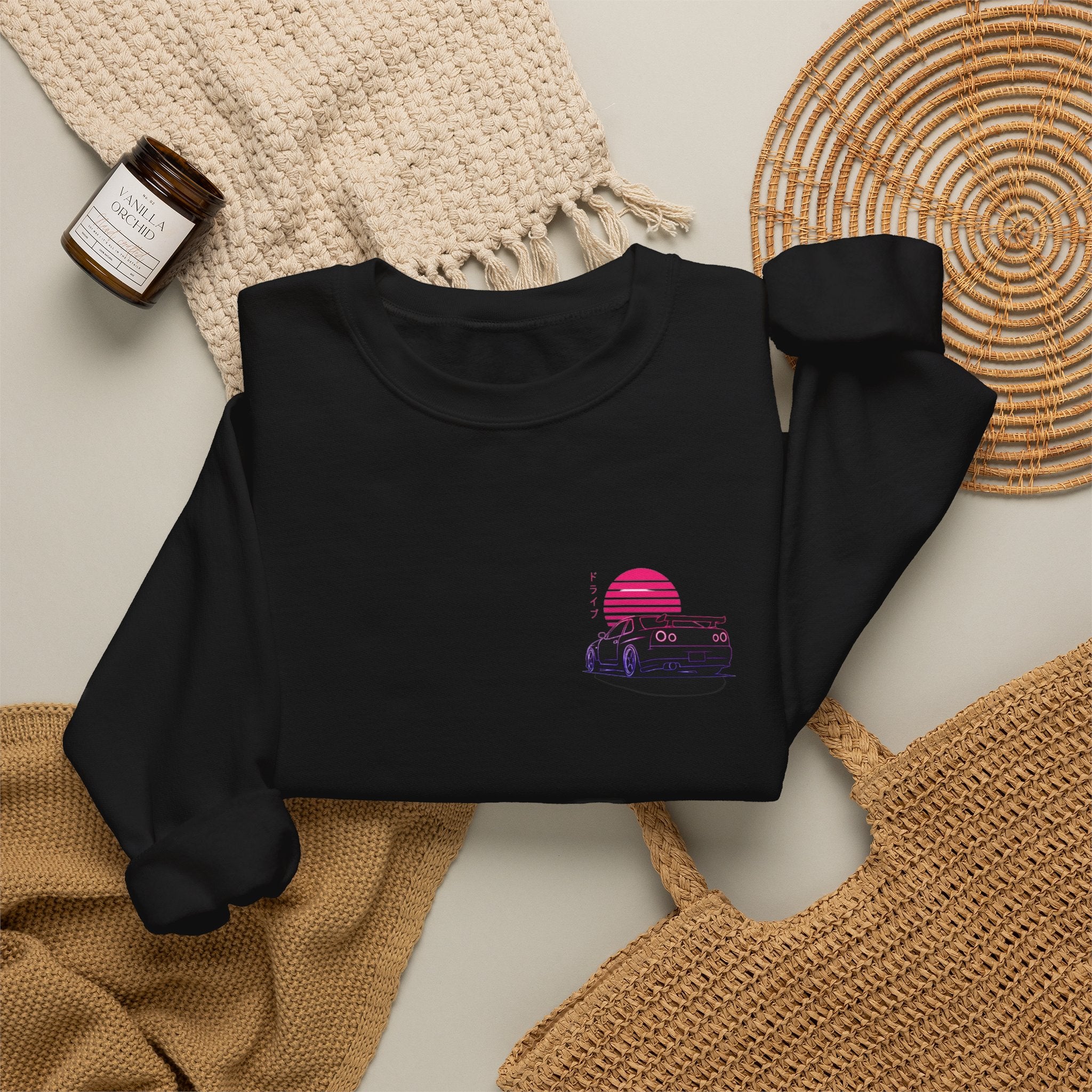 Crewneck Sweatshirt — Retro Vaporwave Car Sunset Graphic