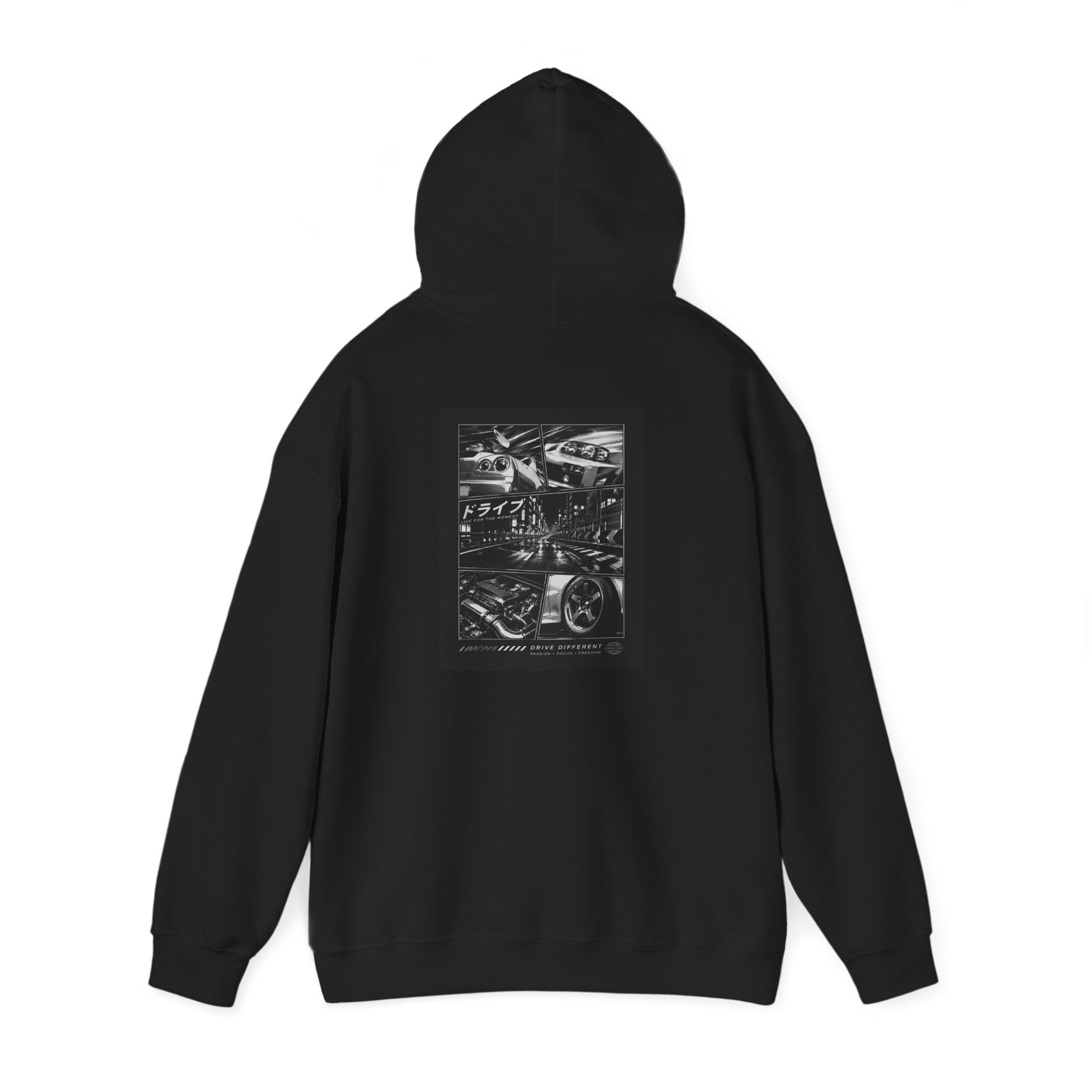 Drive Different Hoodie — Black & White Retro Car Collage Pullover