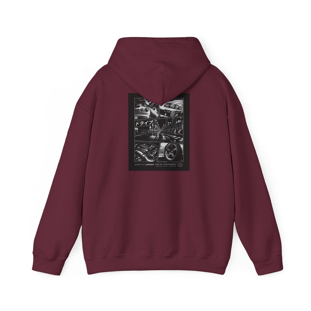 Drive Different Hoodie — Black & White Retro Car Collage Pullover