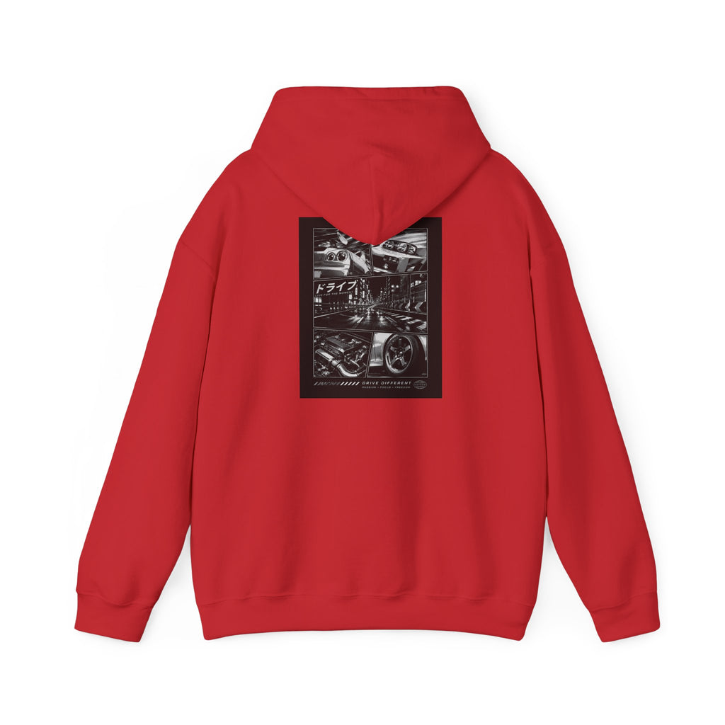 Drive Different Hoodie — Black & White Retro Car Collage Pullover