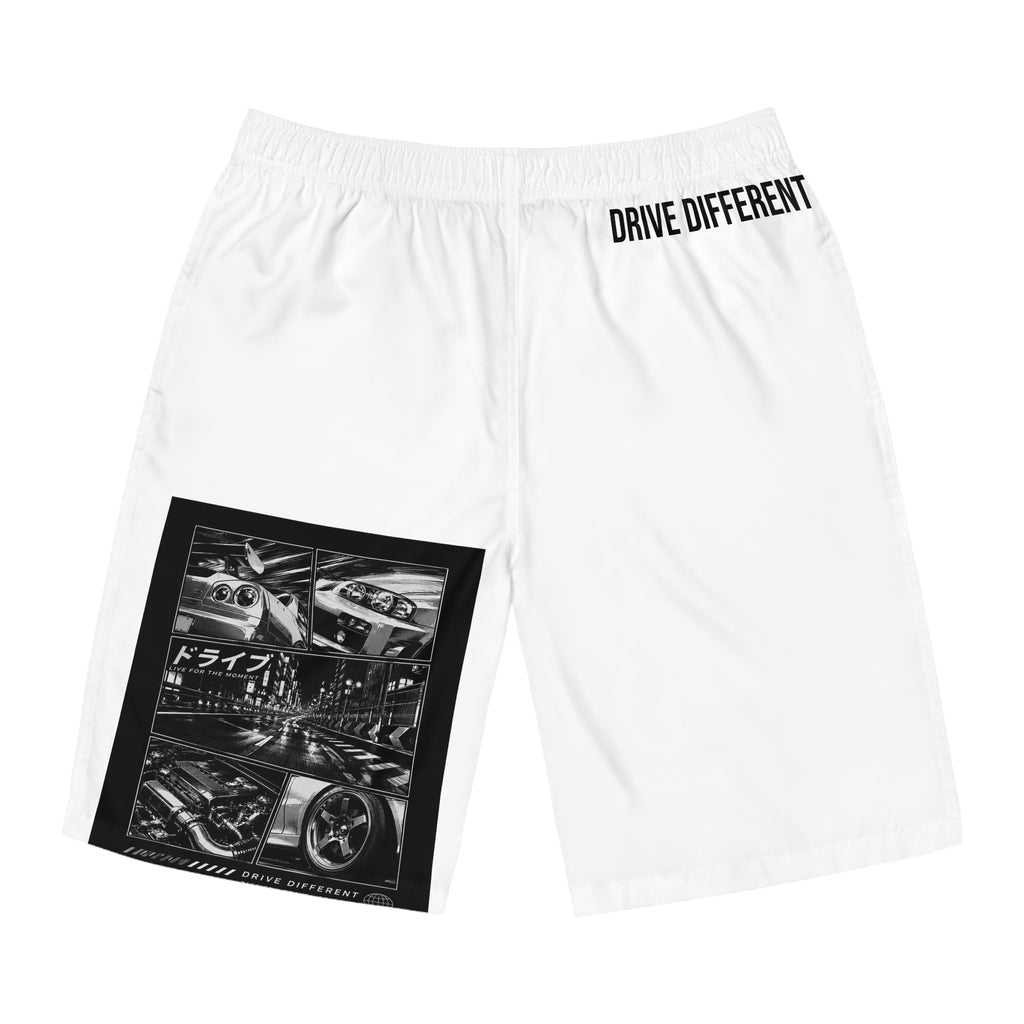 Drive Different Men’s Board Shorts — Japanese Car Collage Surf Trunks