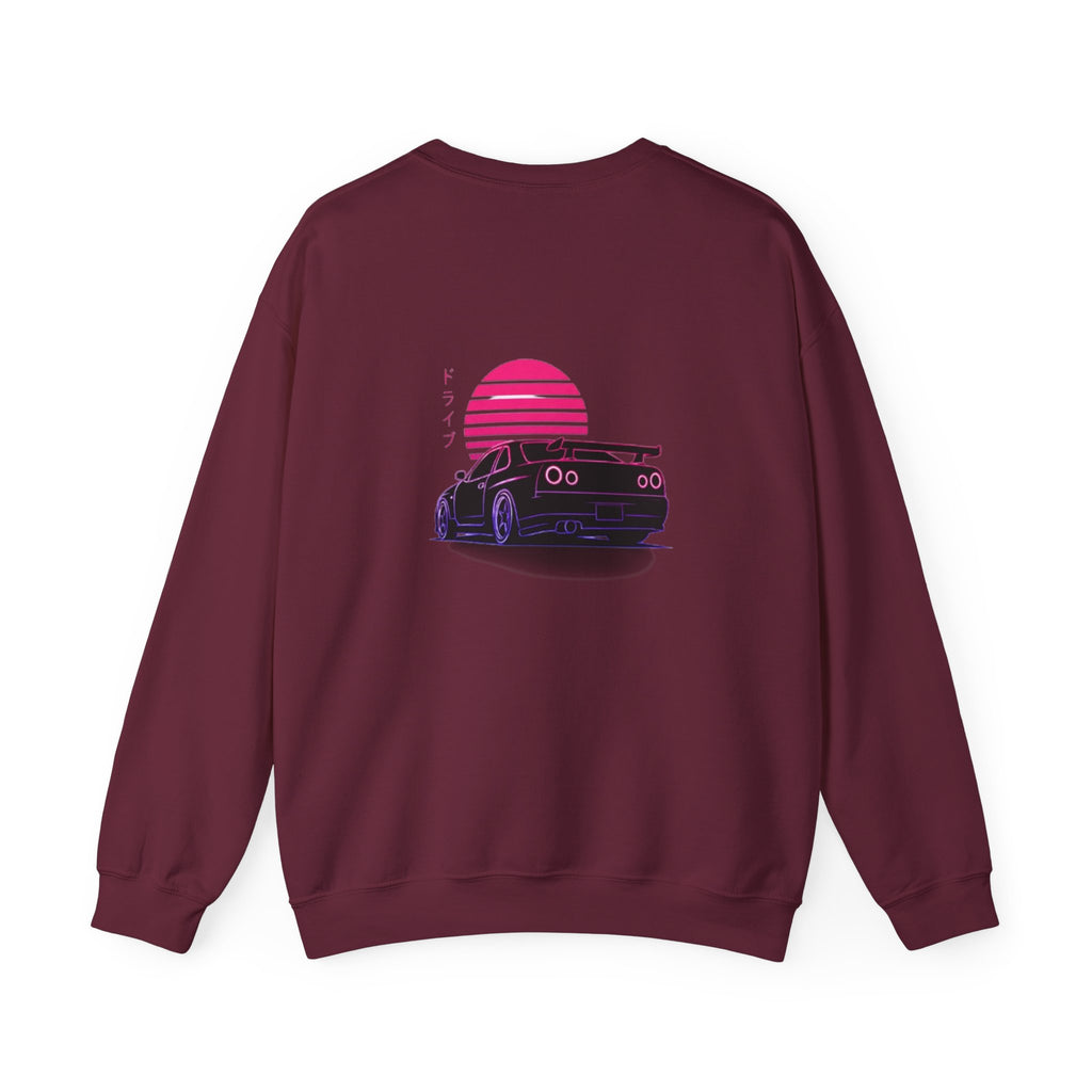 Crewneck Sweatshirt — Retro Vaporwave Car Sunset Graphic