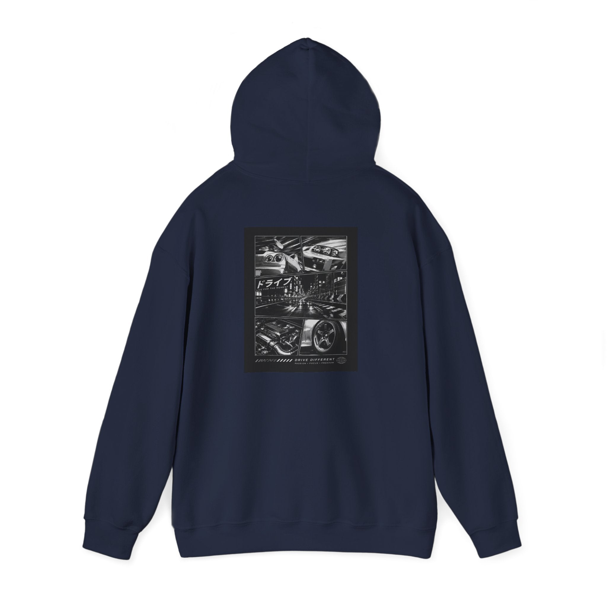 Drive Different Hoodie — Black & White Retro Car Collage Pullover