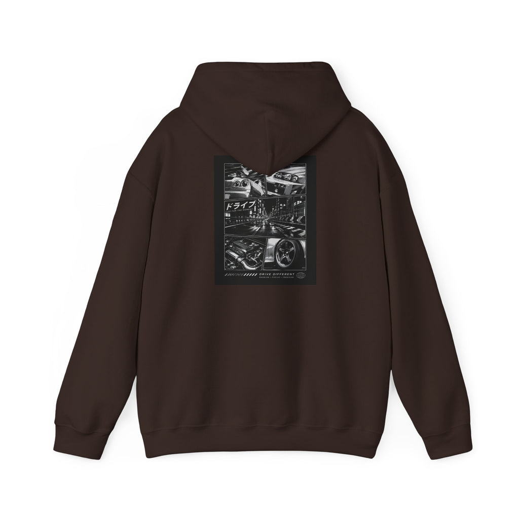 Drive Different Hoodie — Black & White Retro Car Collage Pullover