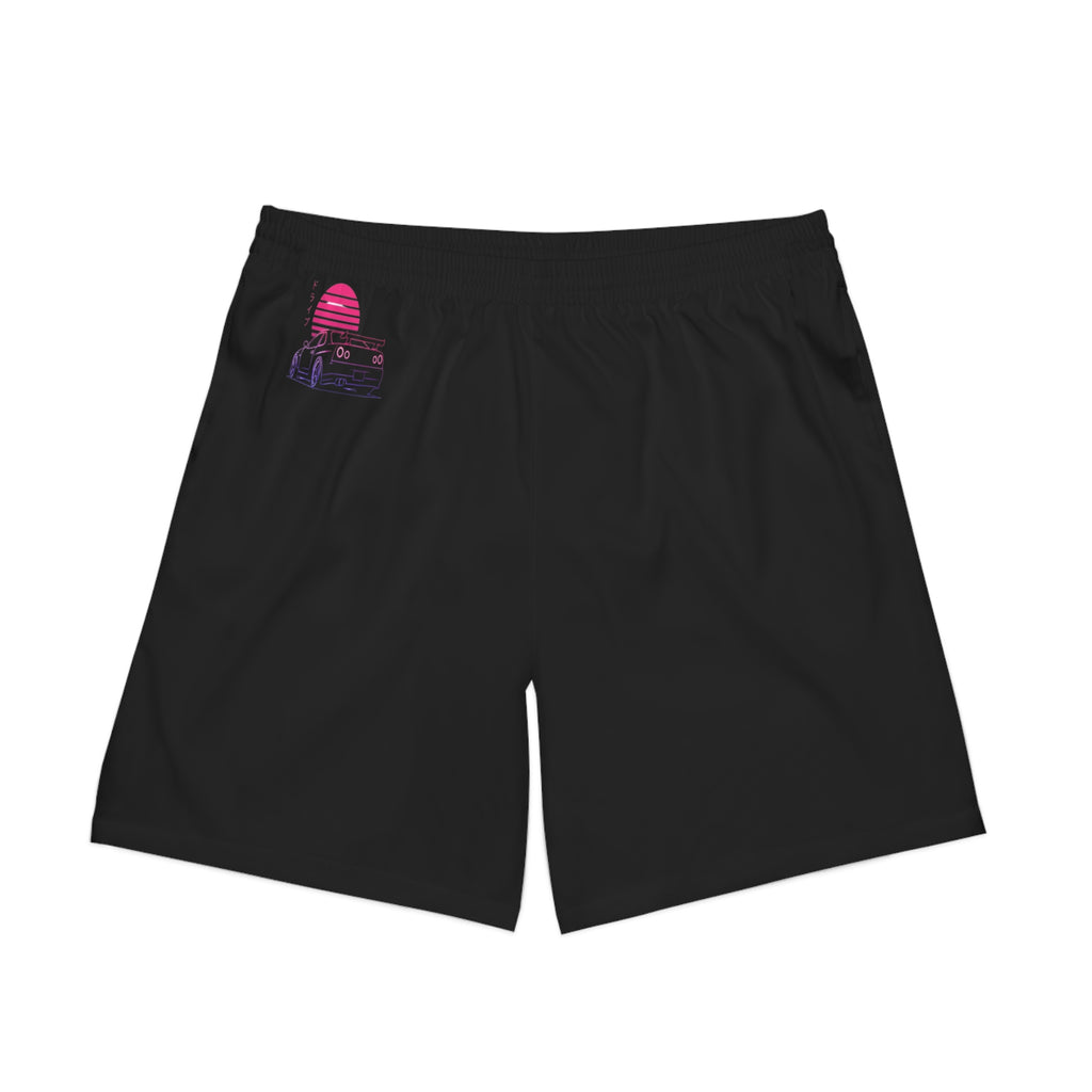 Men's Beach Shorts — Retro Neon Sunset Car Graphic