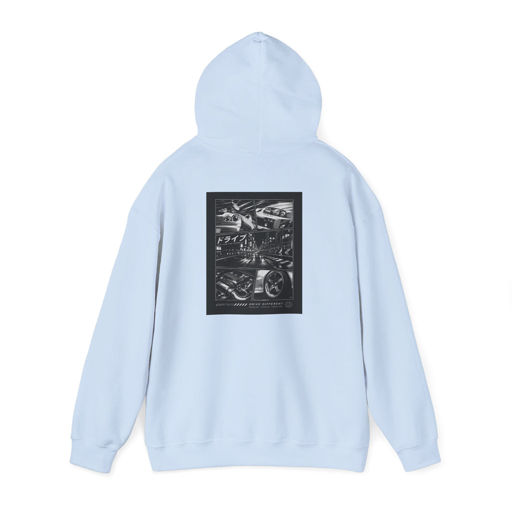 Drive Different Hoodie — Black & White Retro Car Collage Pullover