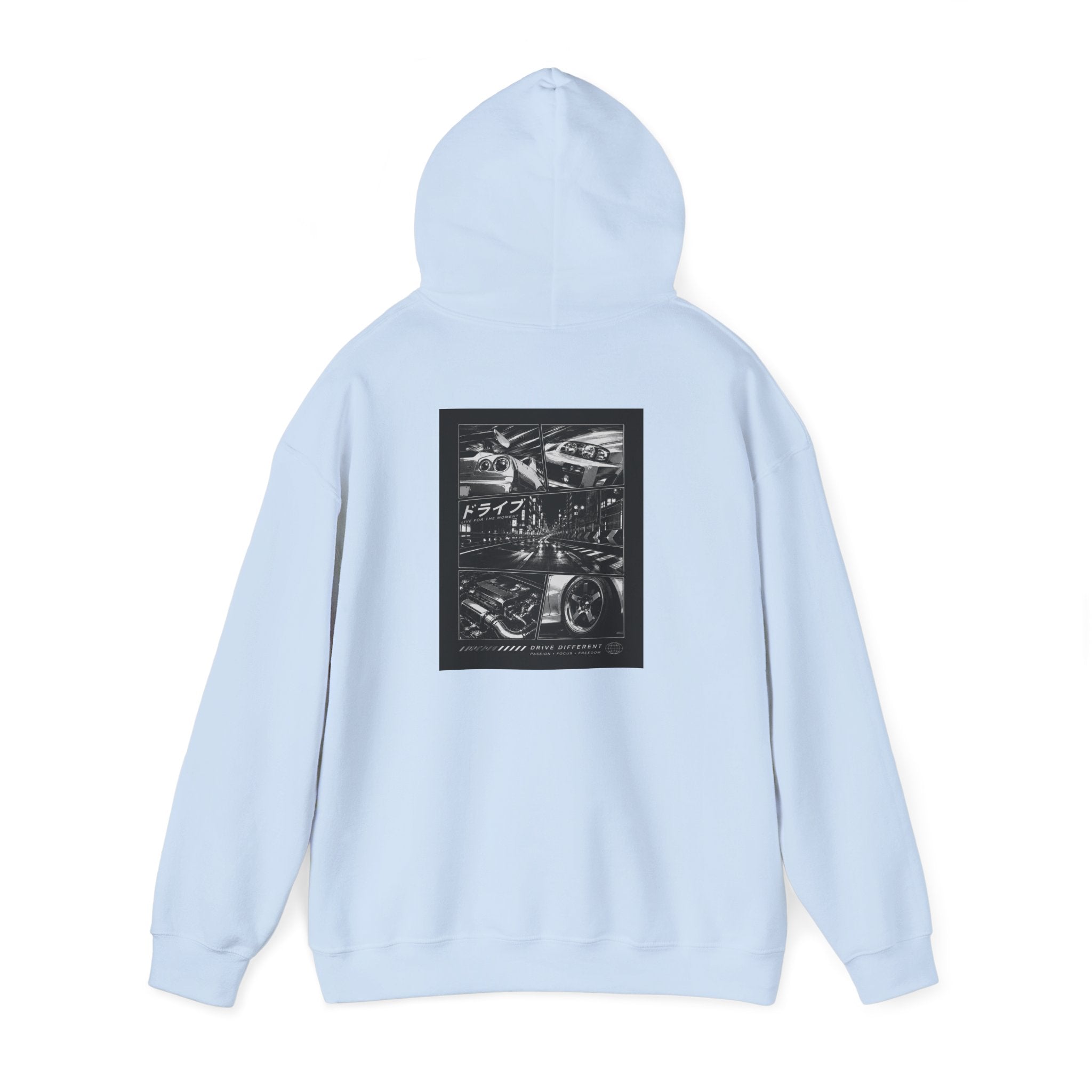 Drive Different Hoodie — Black & White Retro Car Collage Pullover