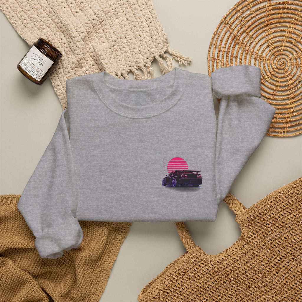 Crewneck Sweatshirt — Retro Vaporwave Car Sunset Graphic
