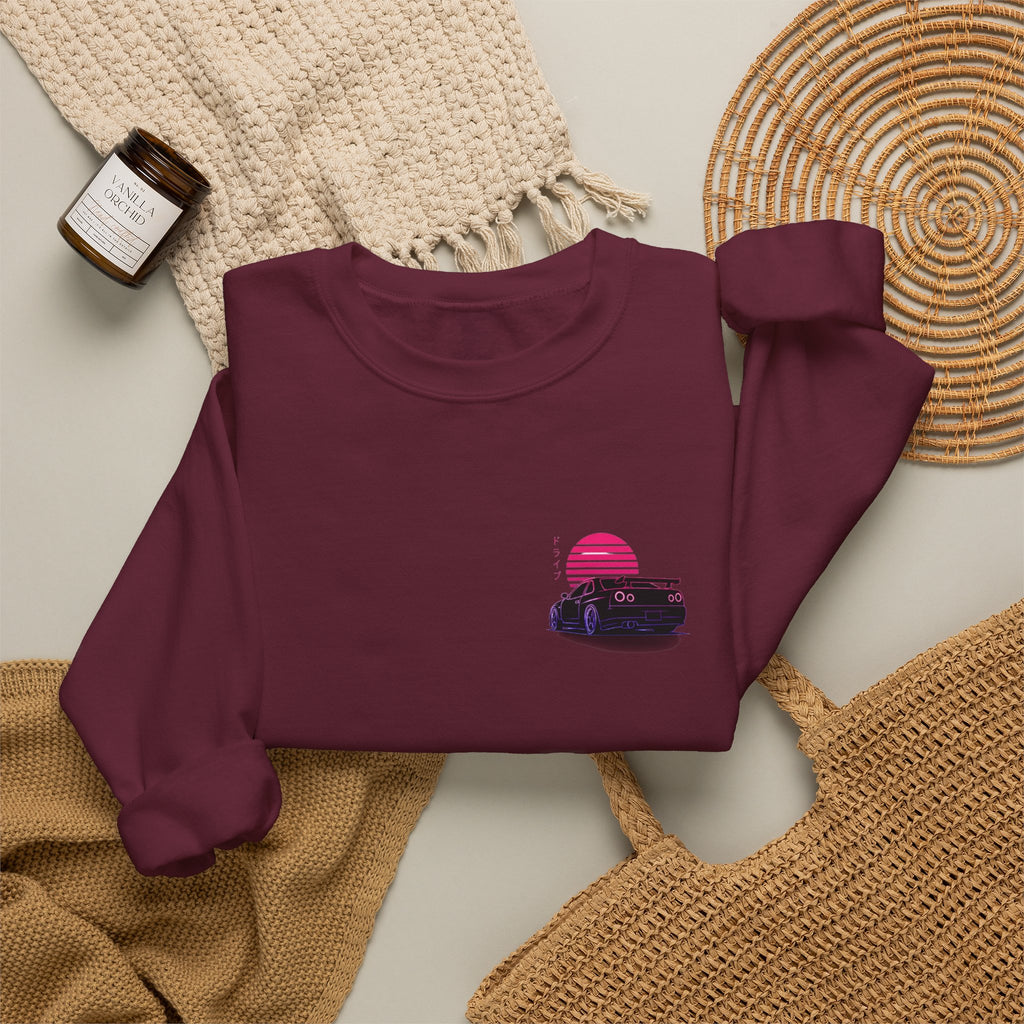 Crewneck Sweatshirt — Retro Vaporwave Car Sunset Graphic